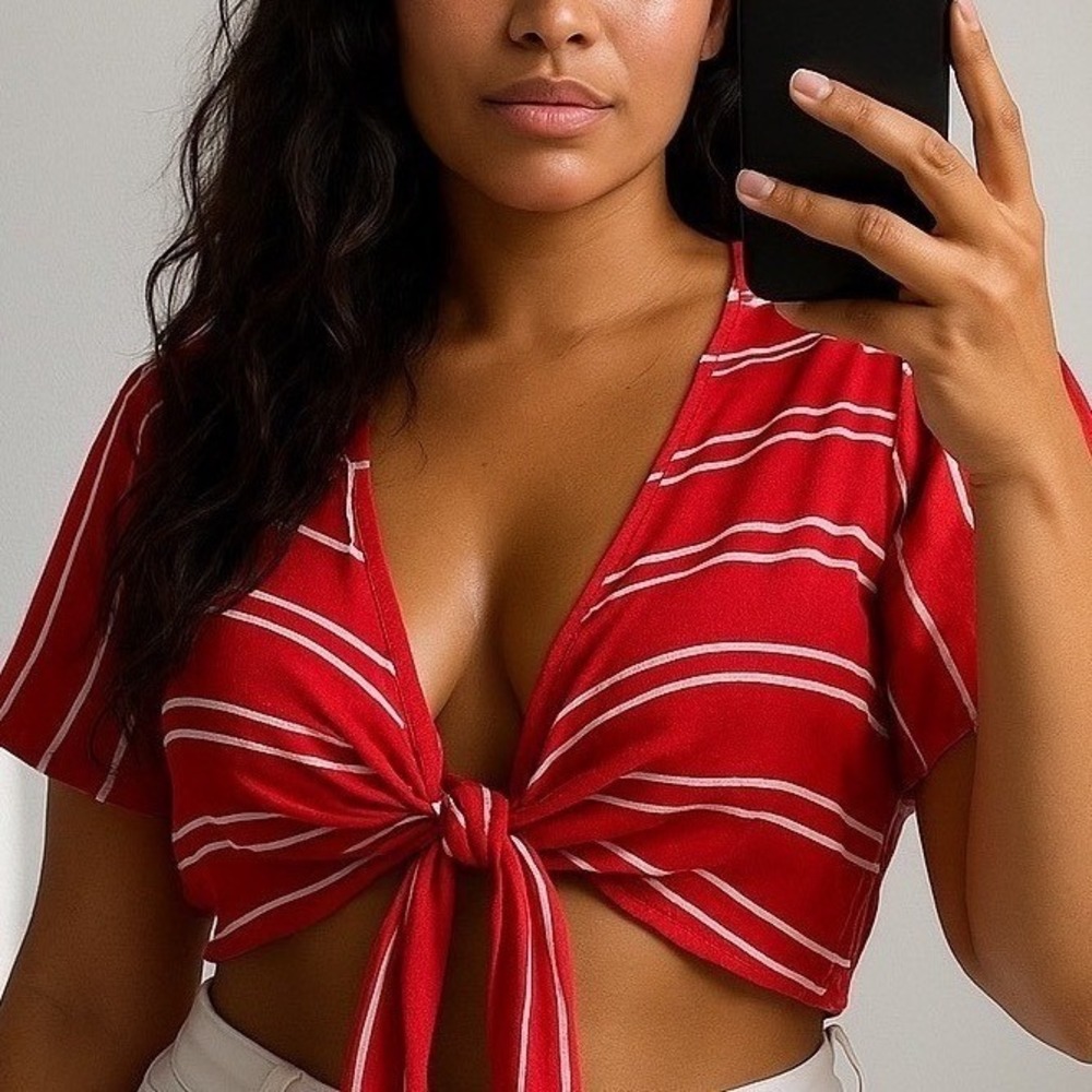 William B Womens Crop Wrap Top Large Red Striped V-neck Tie Front Beach Festival